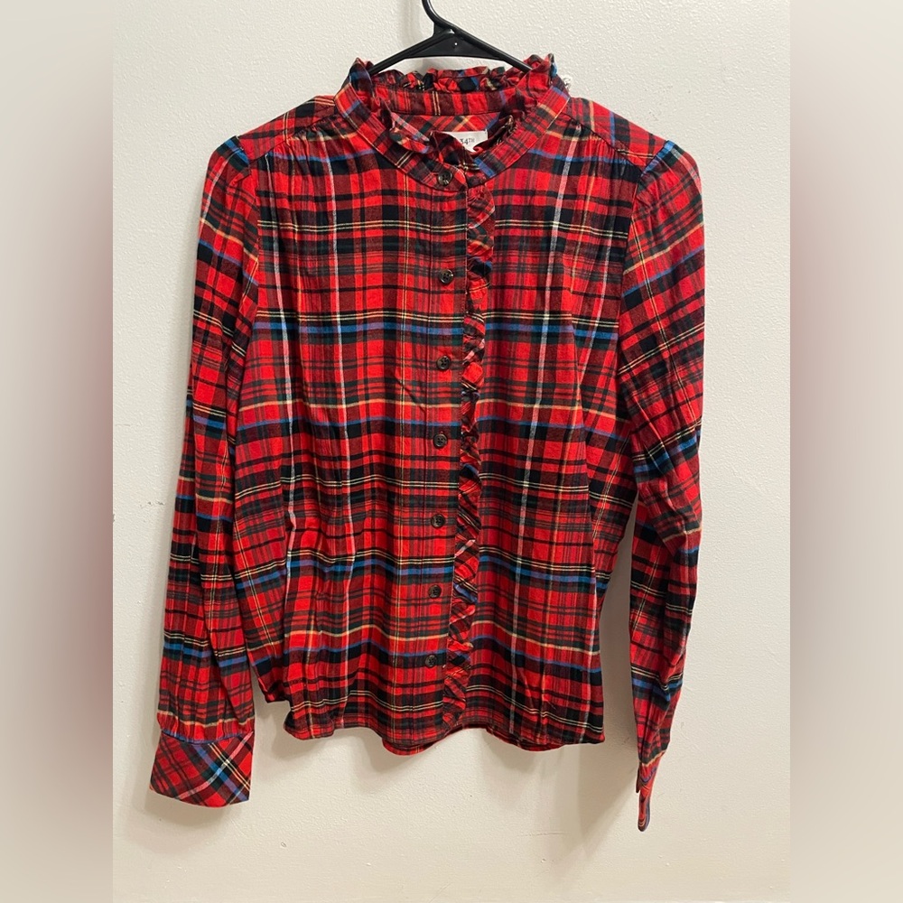 On 34th Women's Festive Plaid Ruffle-Neck Flannel Shirt
